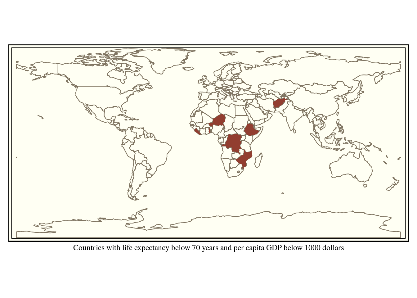 Countries with life expectancy below 70 years and per capita GDP below 1000 dollars