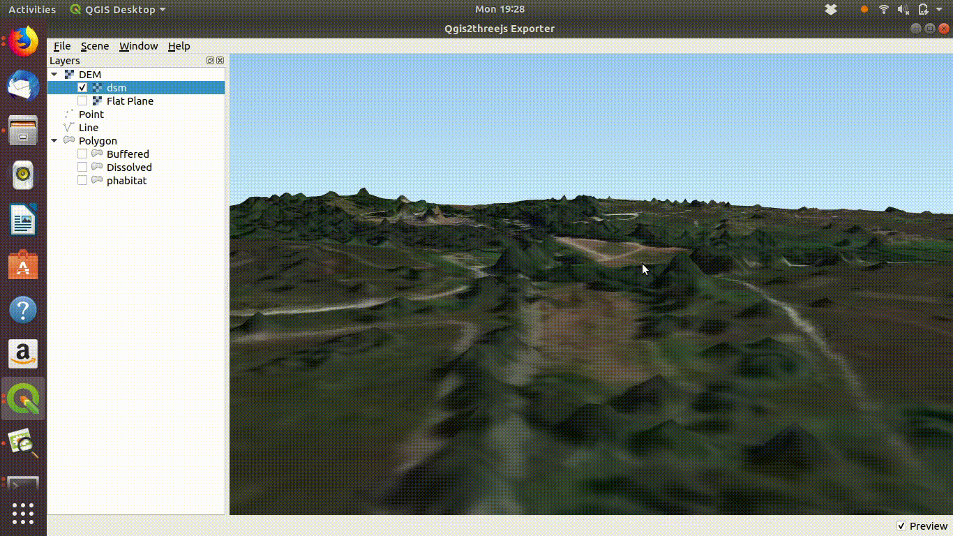 Using a digital surface model with the threejs visualisation. This shows the way the DSM is linked to the point cloud as visualised in 
ef@(fig:lidar1). Notice that if you zoom into the trees they will tend to appear as cone shapes, as the smoothed surface of the dsm will drop away from the highest point of the tree in a rather unnatural fashion. However the visualistion confirms that the lidar layer and the high resolution satelite layers match.