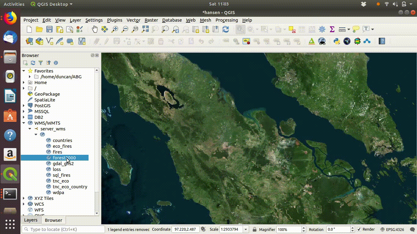 Loading layers from the WMS connection: This simply involves dragging and dropping the layers onto the canvas