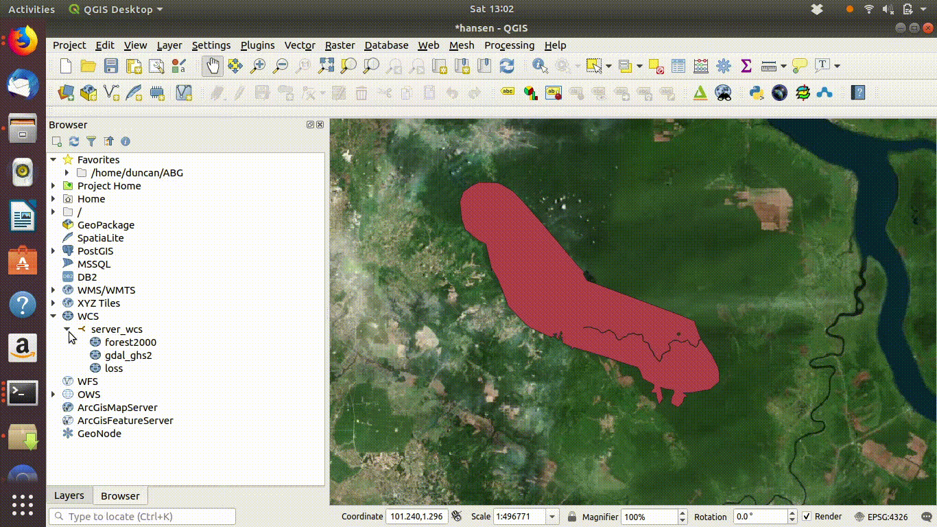 Loading the WCS layers. **Always zoom in to the local area of interest before trying to load WCS**. Notice that in this example the layers load quickly and you can start the process of saving them locally within a few seconds. Larger layer can take many minutes.