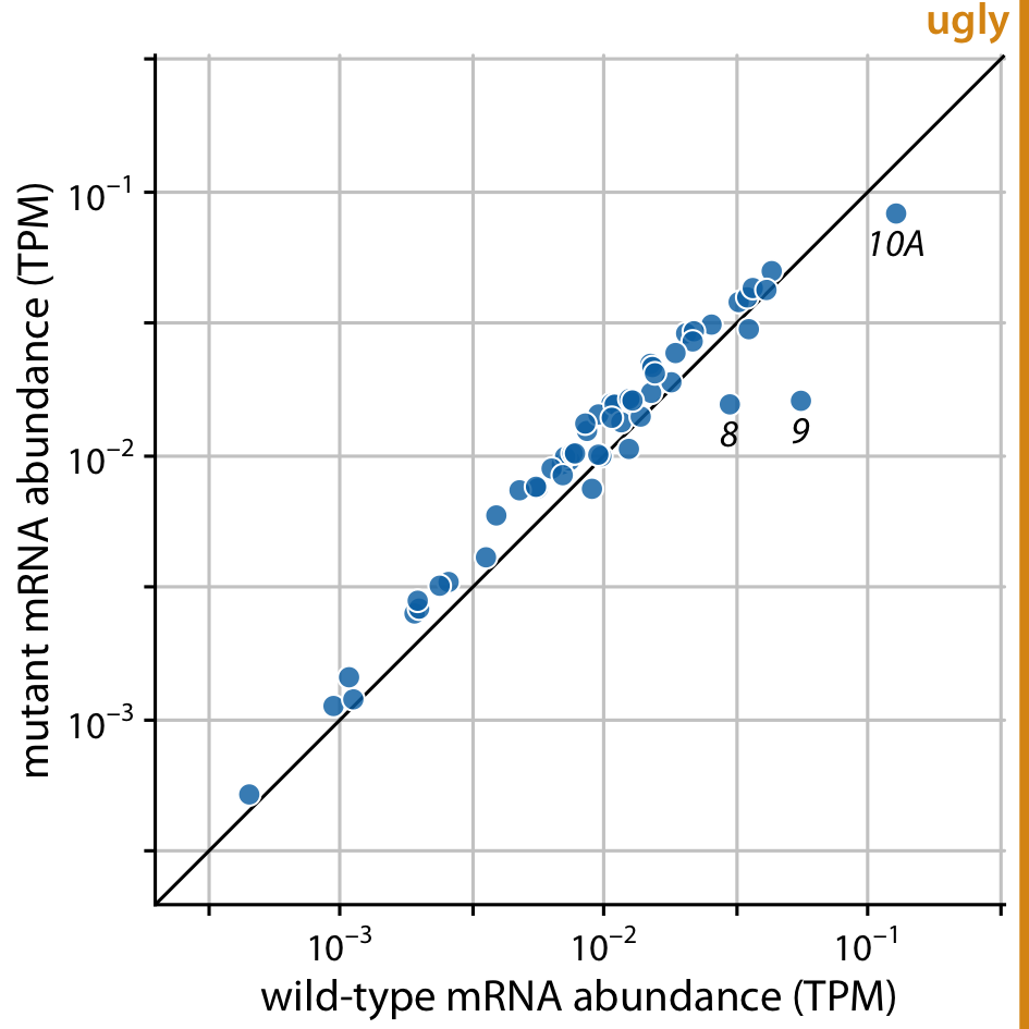 Gene expression levels in a mutant bacteriophage T7 relative to wild-type. This figure combines the background grid from Figure 23.14 with the diagonal line from Figure 23.13. In my opinion, this figure is visually too busy compared to Figure 23.13, and I would prefer Figure 23.13. Data source: Paff et al. (2018)