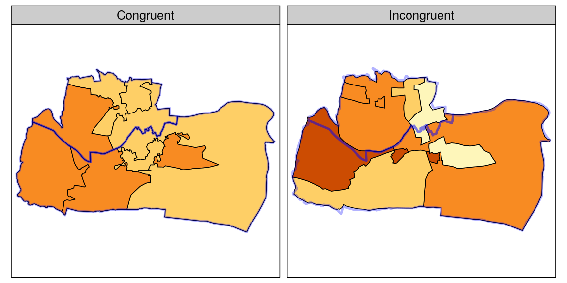 Illustration of congruent (left) and incongruent (right) areal units with respect to larger aggregating zones (translucent blue borders).