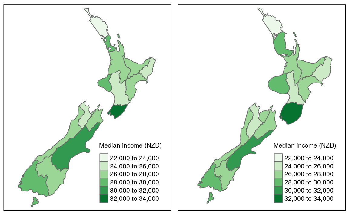 Comparison of standard map (left) and continuous area cartogram (right).