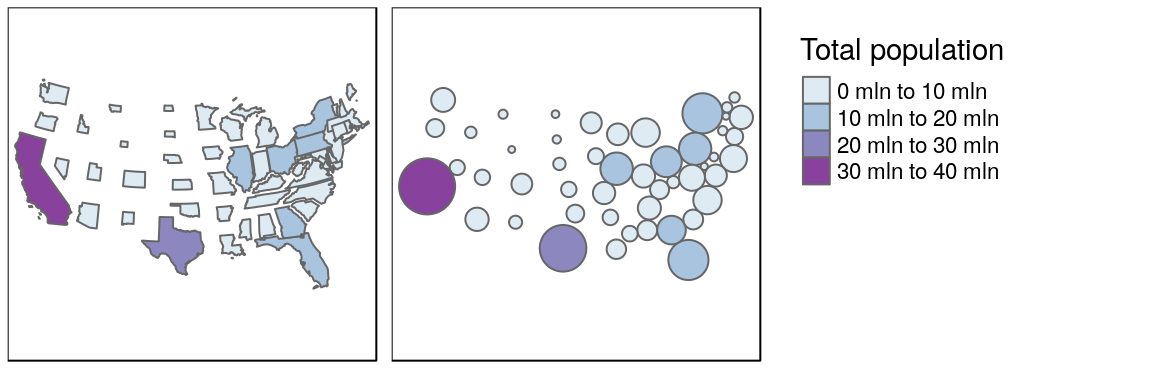 Comparison of non-continuous area cartogram (left) and Dorling cartogram (right).