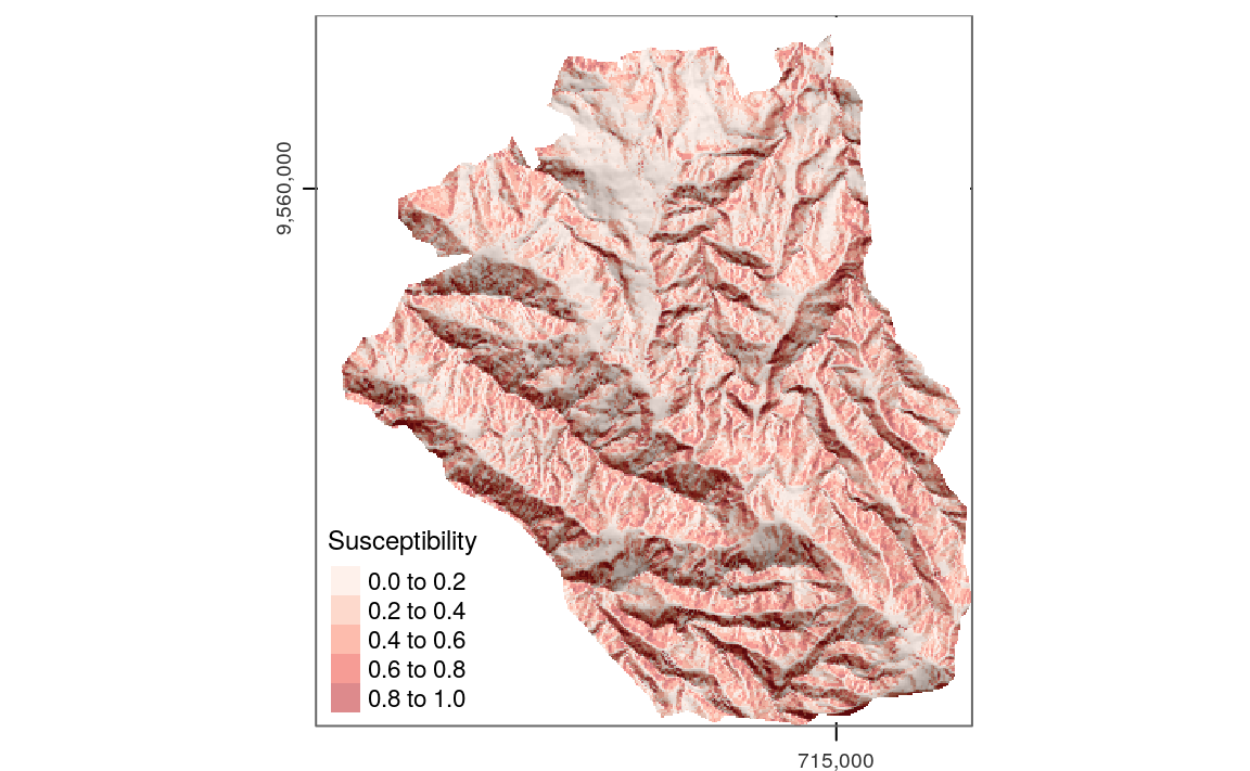 Spatial prediction of landslide susceptibility using a GLM.