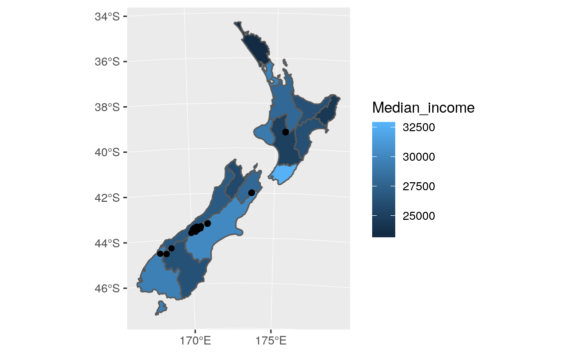 Map of New Zealand created with ggplot2.