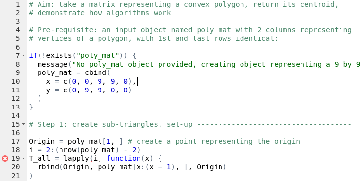 Code checking in RStudio. This example, from the script 10-centroid-alg.R, highlights an unclosed curly bracket on line 19.