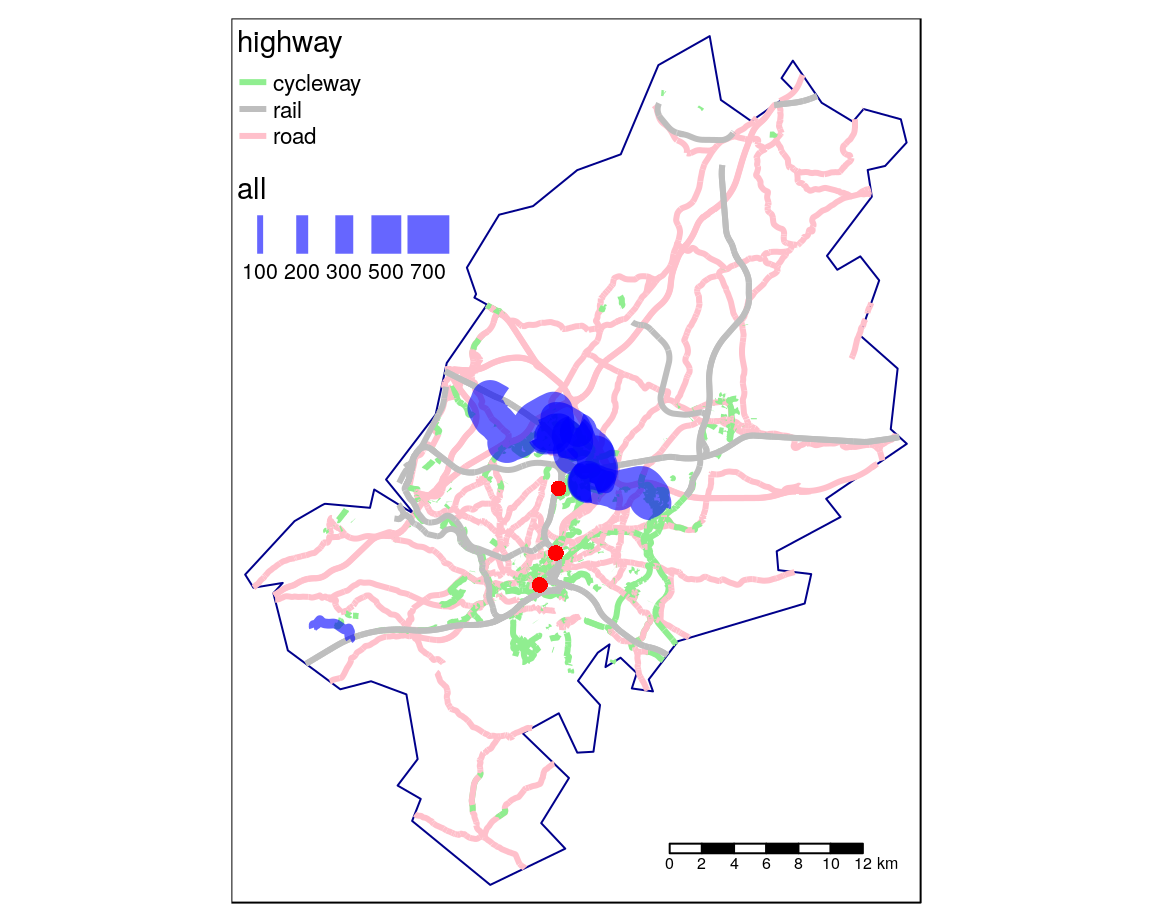 Potential routes along which to prioritise cycle infrastructure in Bristol, based on access key rail stations (red dots) and routes with many short car journeys (north of Bristol surrounding Stoke Bradley). Line thickness is proportional to number of trips.