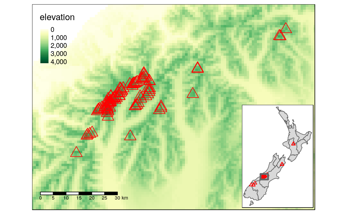 Inset map providing a context - location of the central part of the Southern Alps in New Zealand.