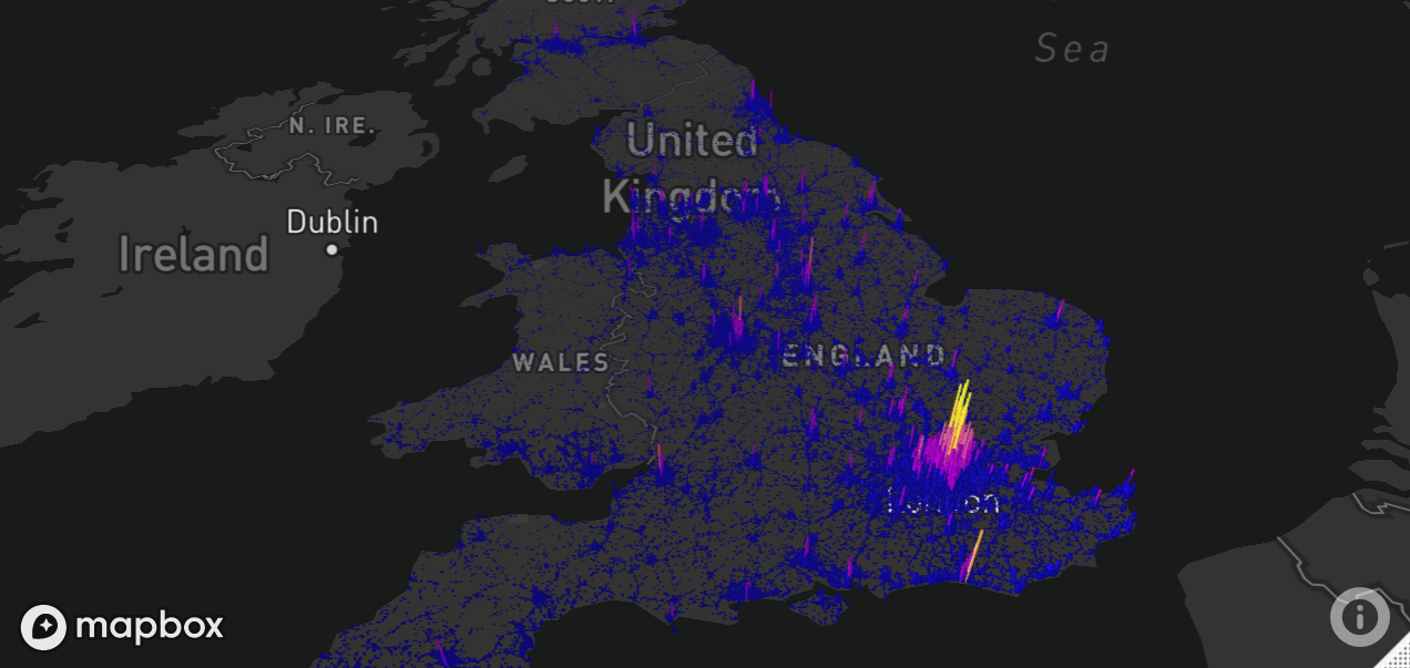 Map generated by mapdeck, representing road traffic casualties across the UK. Height of 1 km cells represents number of crashes.