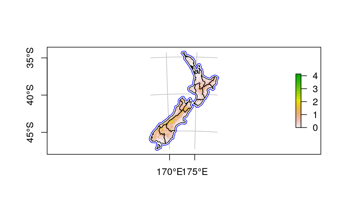 Map of New Zealand created with plot(). The legend to the right refers to elevation (1000 m above sea level).