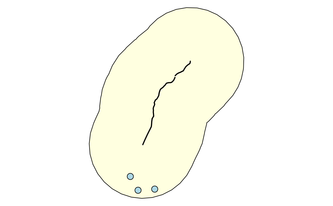 Visualization of the output of previous PostGIS commands showing the highway (black line), a buffer (light yellow) and three restaurants (light blue points) within the buffer.