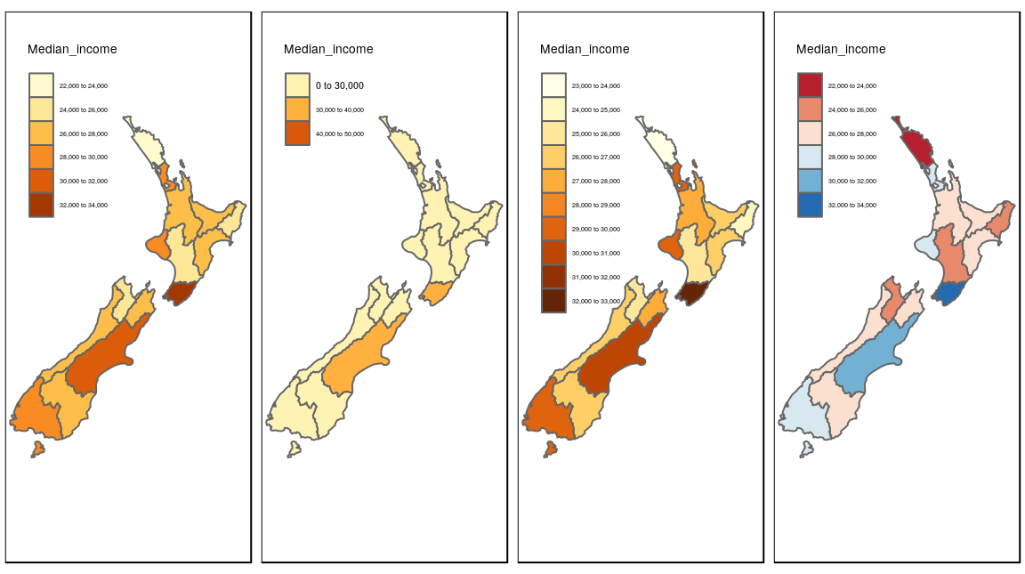 Illustration of settings that affect color settings. The results show (from left to right): default settings, manual breaks, n breaks, and the impact of changing the palette.