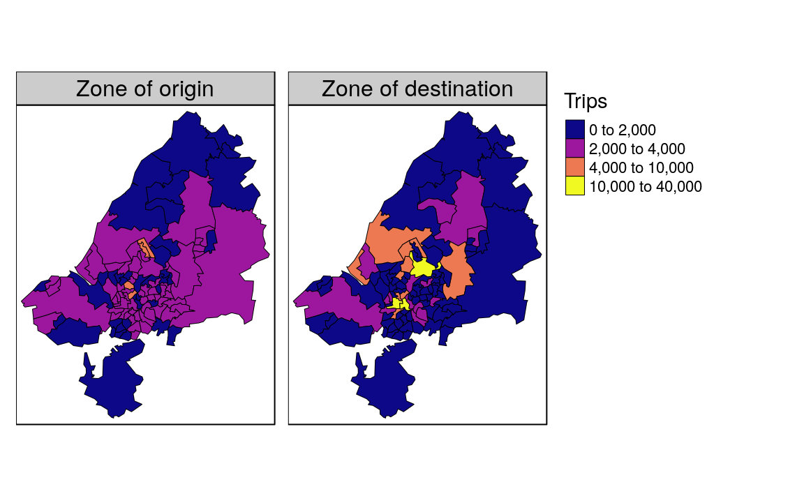 Number of trips (commuters) living and working in the region. The left map shows zone of origin of commute trips; the right map shows zone of destination (generated by the script 12-zones.R).