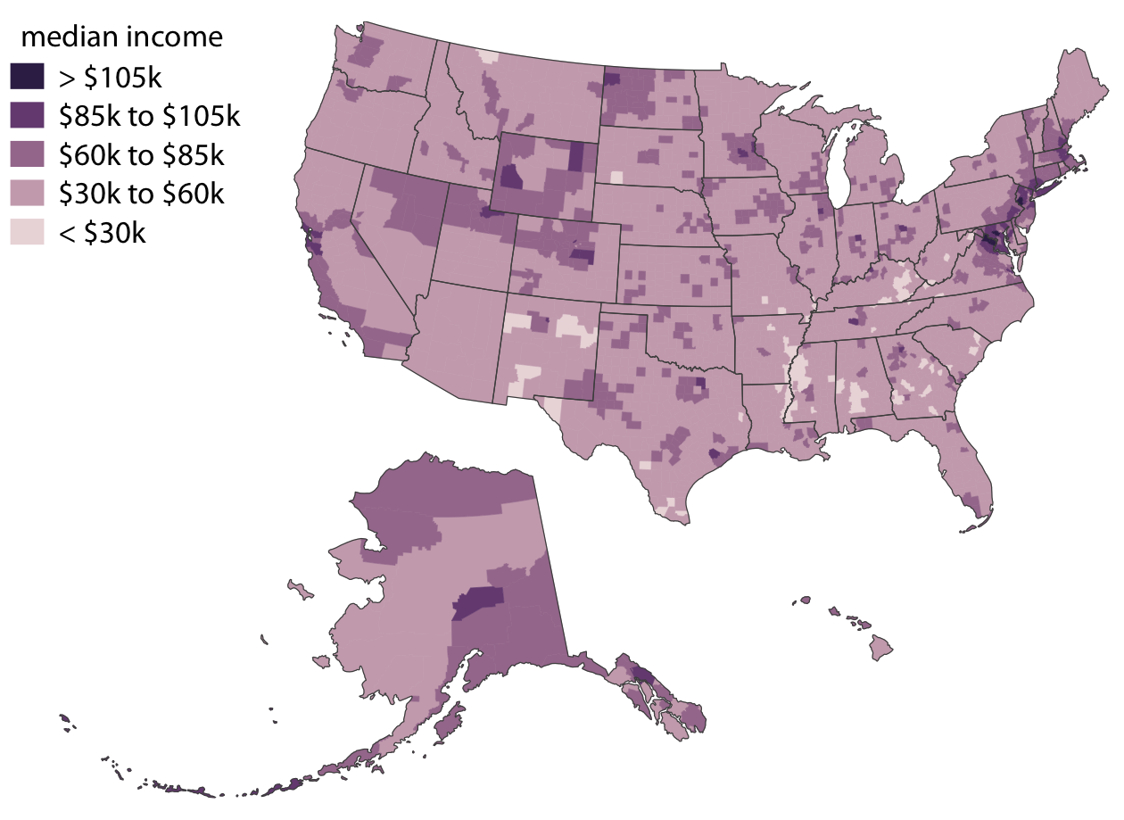 Median income in every U.S. county, shown as a choropleth map. The median income values have been binned into five distinct groups, because binned color scales are generally easier to read than continuous color scales. Data source: 2015 Five-Year American Community Survey