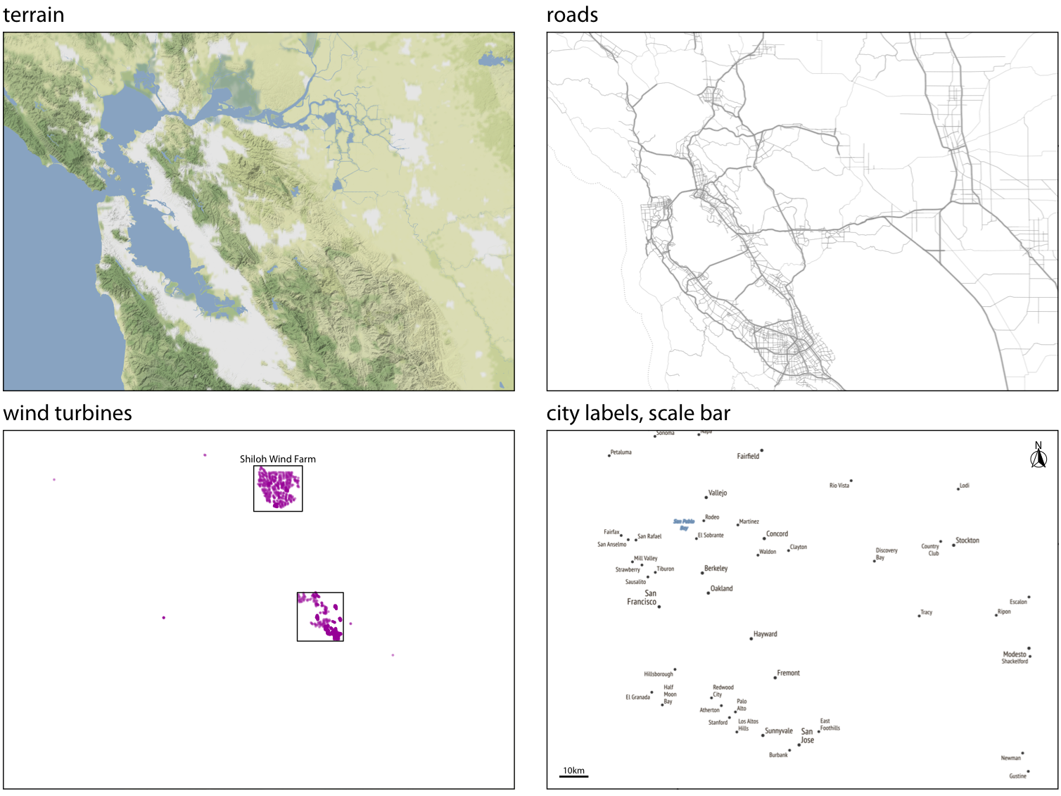 The individual layers of Figure 15.8. From bottom to top, the figure consists of a terrain layer, a roads layer, a layer showning the wind turbines, and a layer labeling cities and adding a scale bar and north arrow. Map tiles by Stamen Design, under CC BY 3.0. Map data by OpenStreetMap, under ODbL. Wind turbine data source: United States Wind Turbine Database 